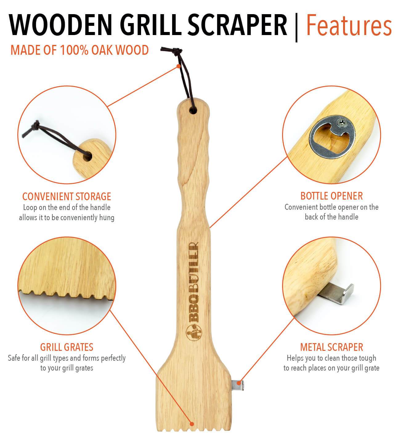 BBQ Butler Wood Grill Scraper - Wooden Barbecue Cleaner - BBQ Tools -  Bristle Free - Food Safe Oak Grill Scraper with Metal Scraping Hook and  Bottle